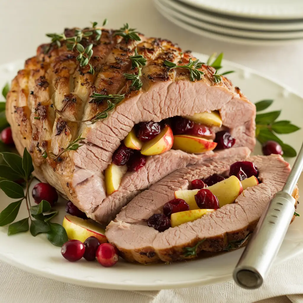 Stuffed Pork Loin – Pork loin filled with apples cranberries and herbs