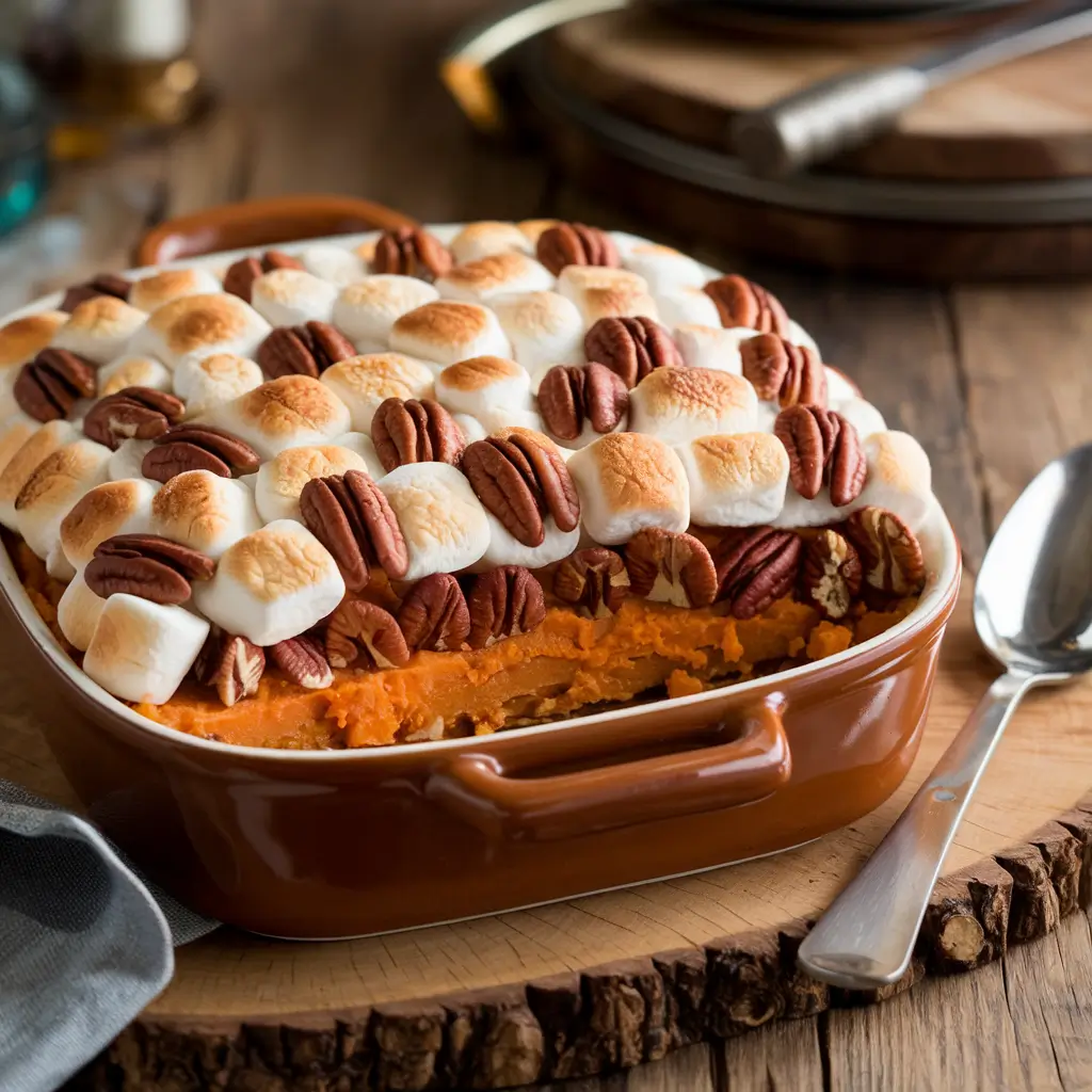 Sweet Potato Casserole – Mashed sweet potatoes topped with pecans and marshmallows