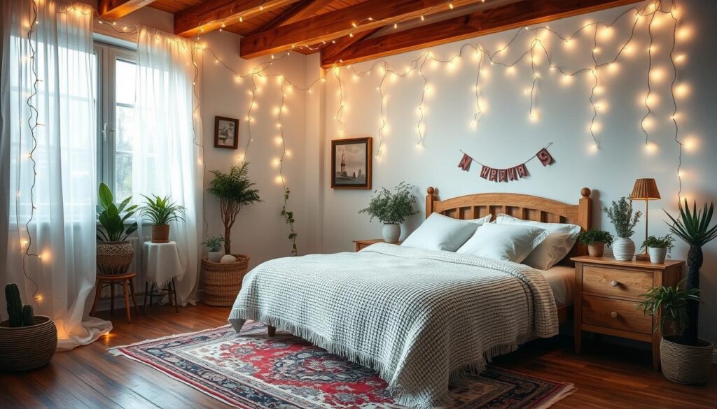 Bedroom with fairy lights