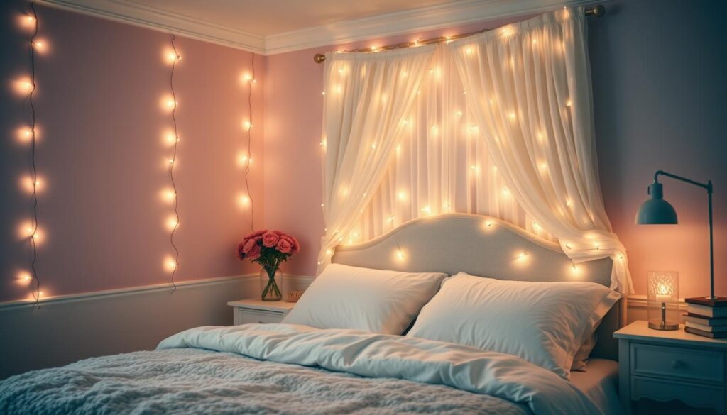 Fairy lights in bedroom