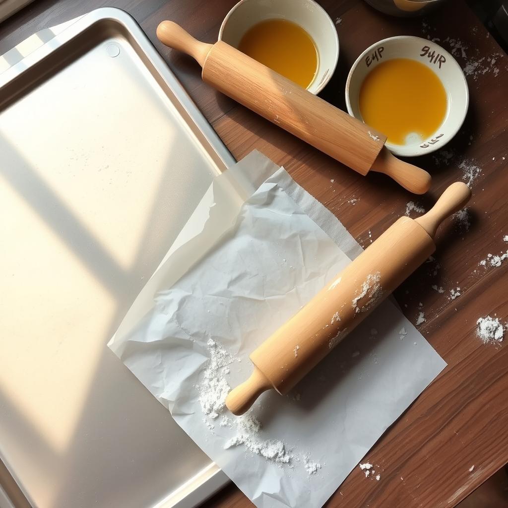 baking sheet, parchment paper, rolling pin, egg wash