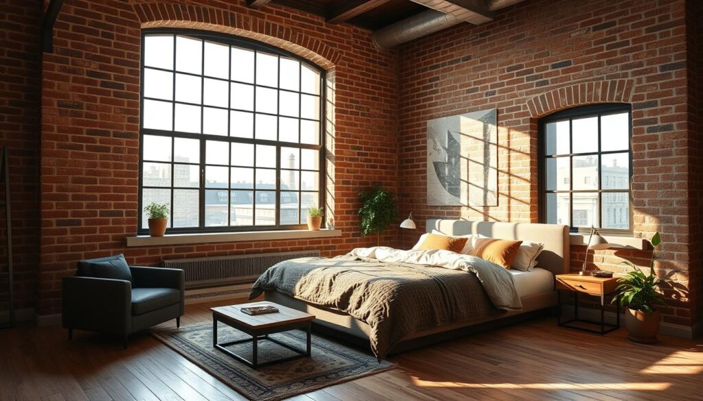 exposed brick loft bedroom