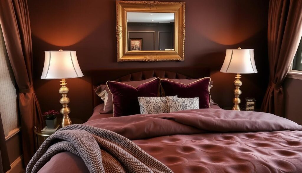 metallic accents in brown bedroom