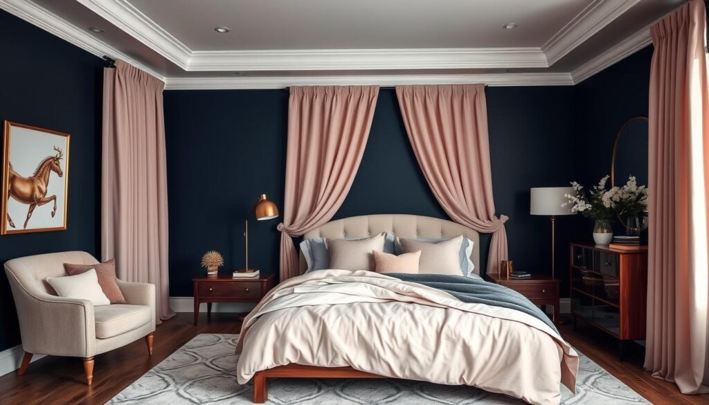 navy and blush bedroom