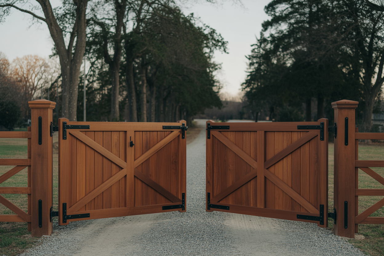 A wide double-leaf wooden driveway gate standing open at the end of a gravel drive