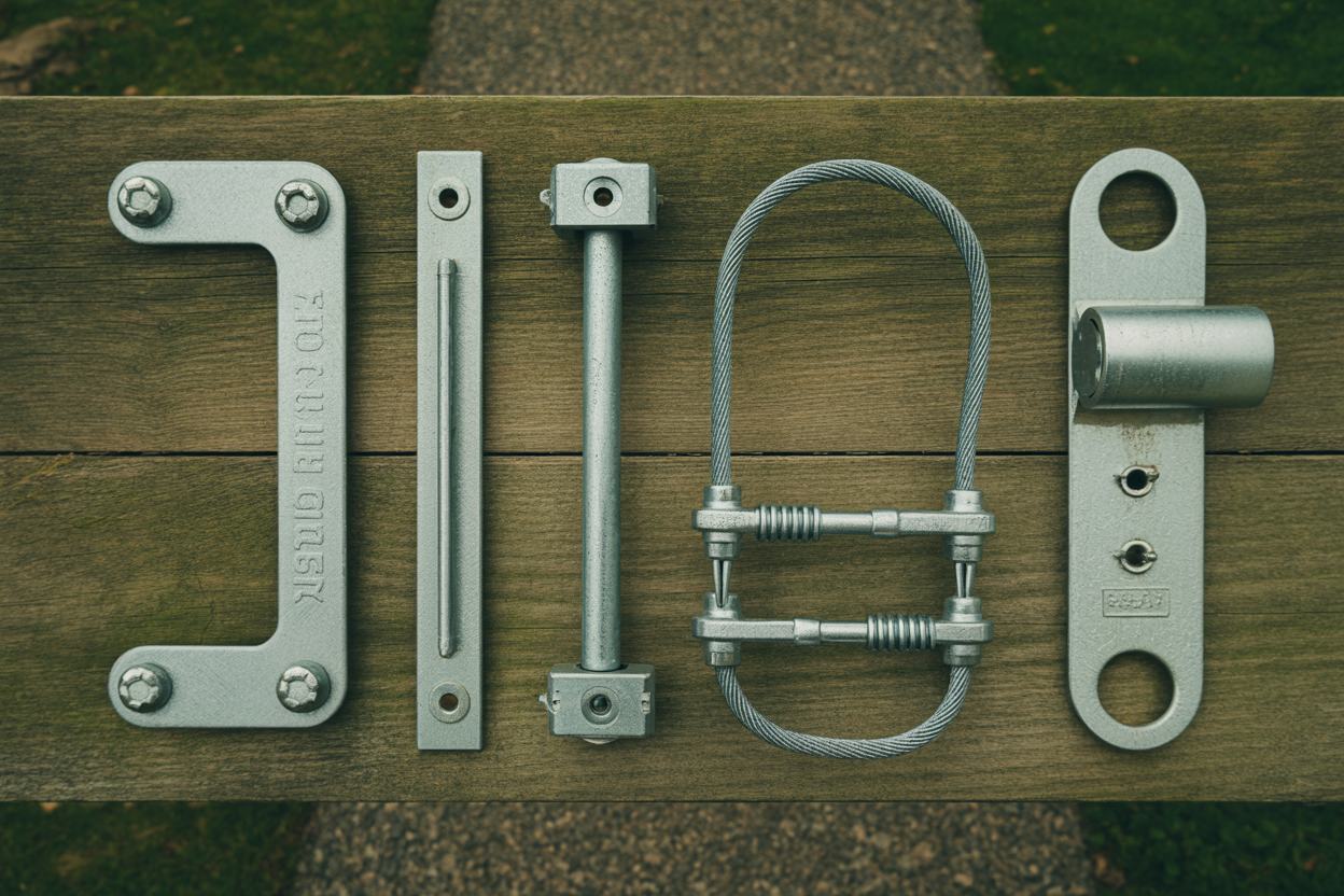 Overhead flat lay on weathered wood of heavy driveway gate hardware