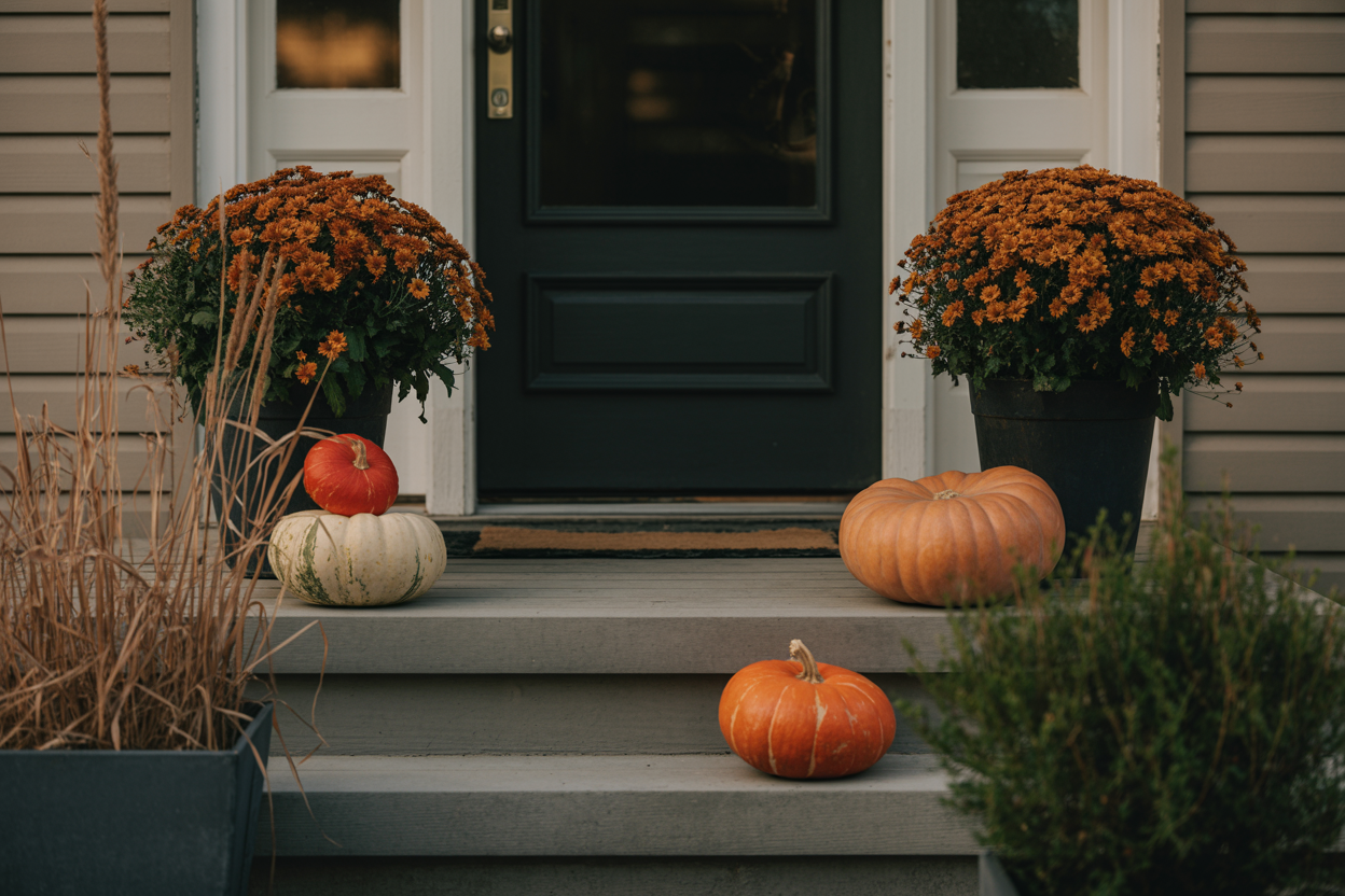 A modest front porch styled for autumn