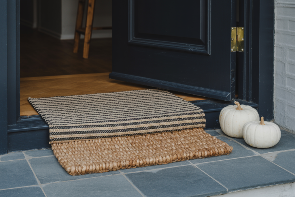 An oversized natural fiber doormat layered under a smaller striped mat at a dark painted front door