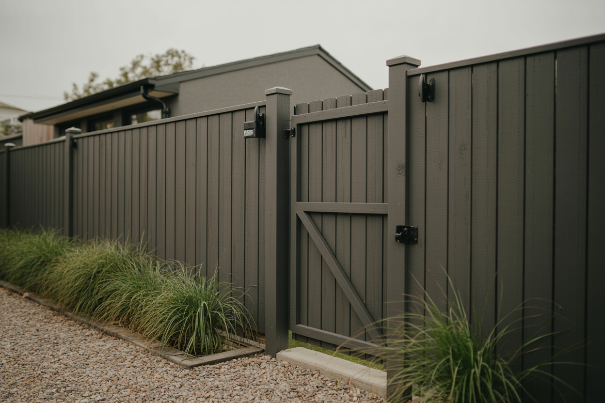 A charcoal painted horizontal fence with a black gate set into it