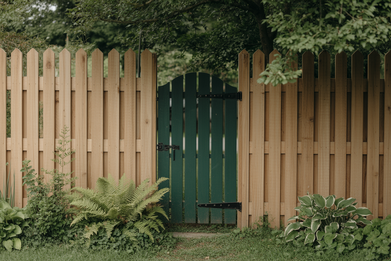 A natural cedar fence with a single deep forest green painted gate set into it