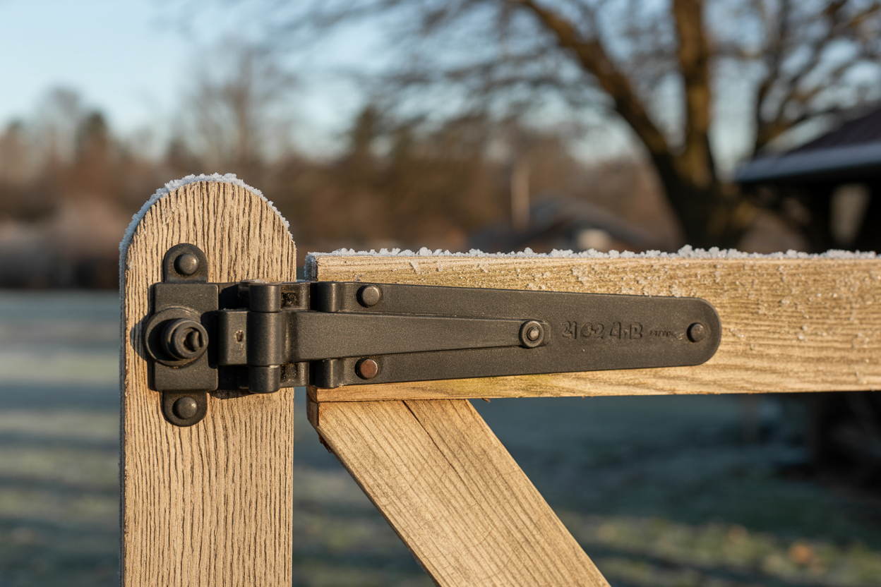 Close-up of a black hot-dip galvanized strap hinge on a weathered cedar gate