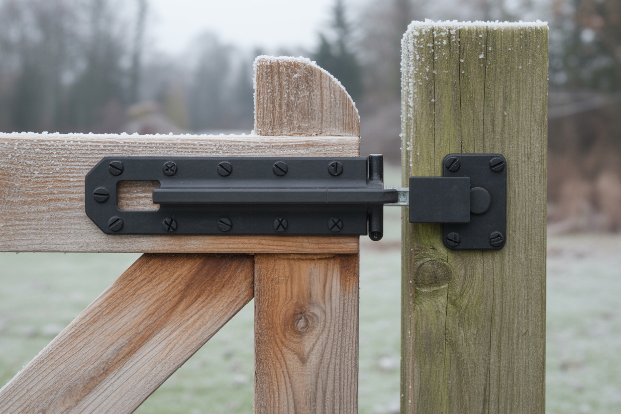 Close-up of a black gravity latch mounted on a weathered cedar gate
