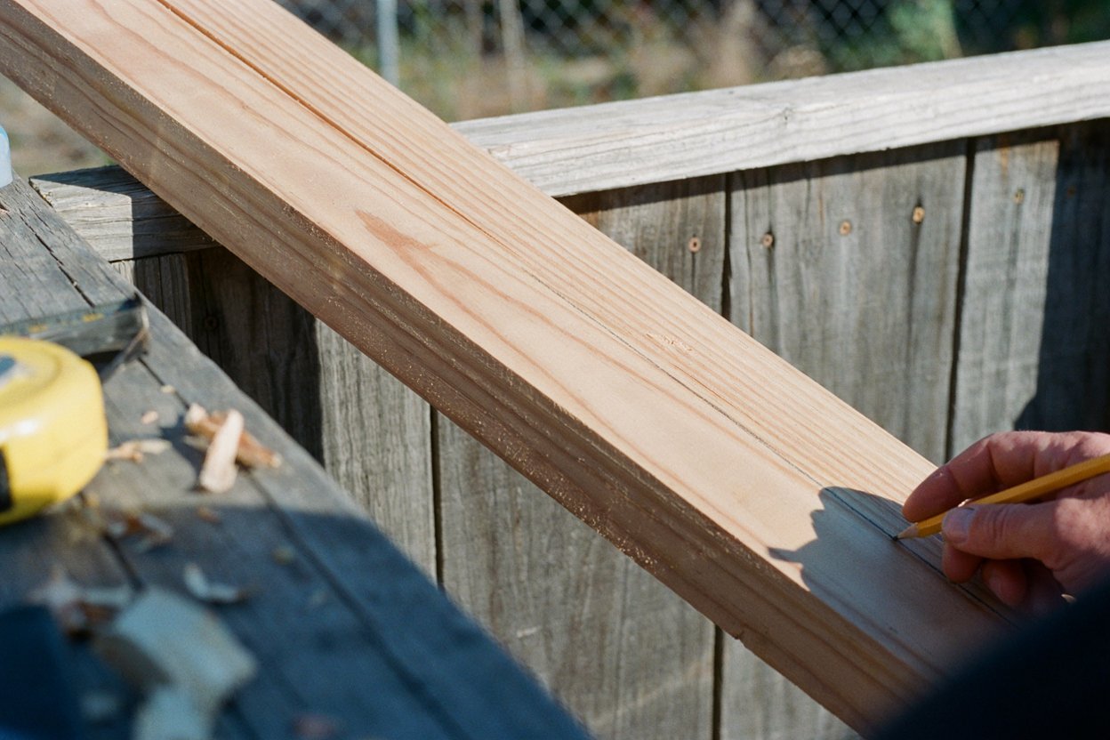 Marking the cut line on a diagonal brace by scribing it against the rail.