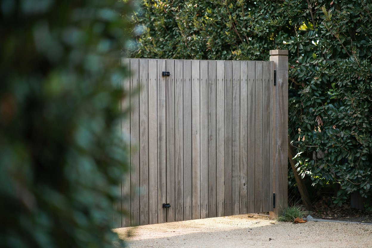 cedar side gate hanging square and closing cleanly against its post