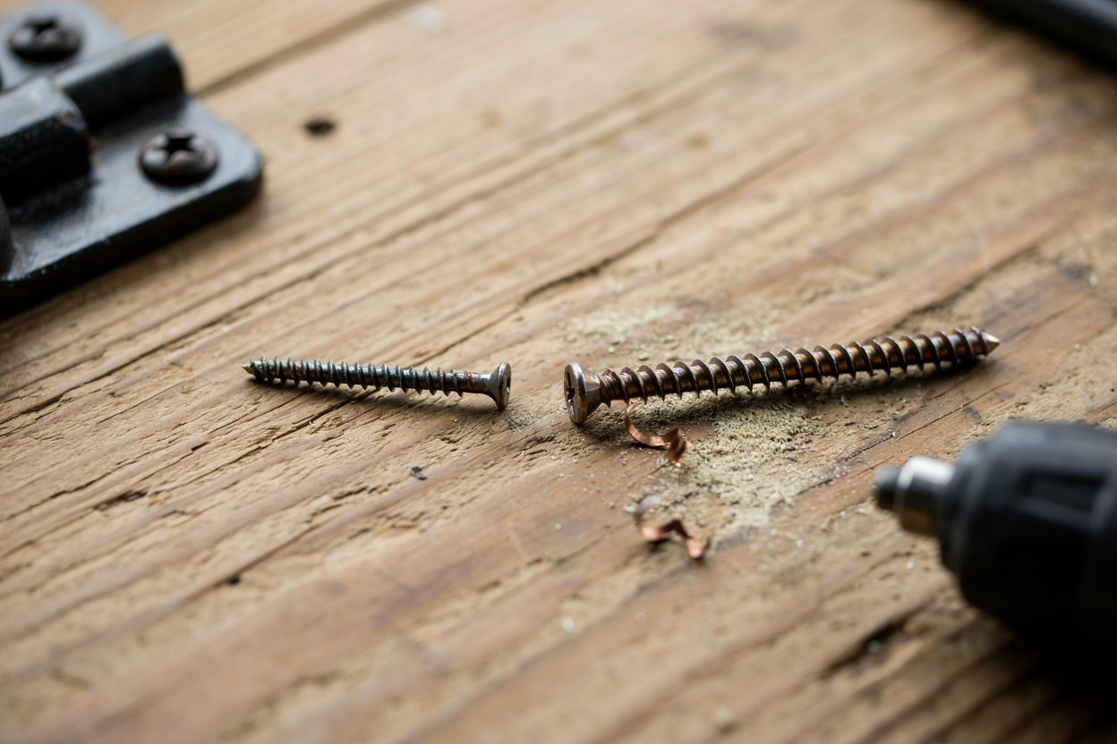 A short worn hinge screw next to a 2.5 inch exterior structural screw.