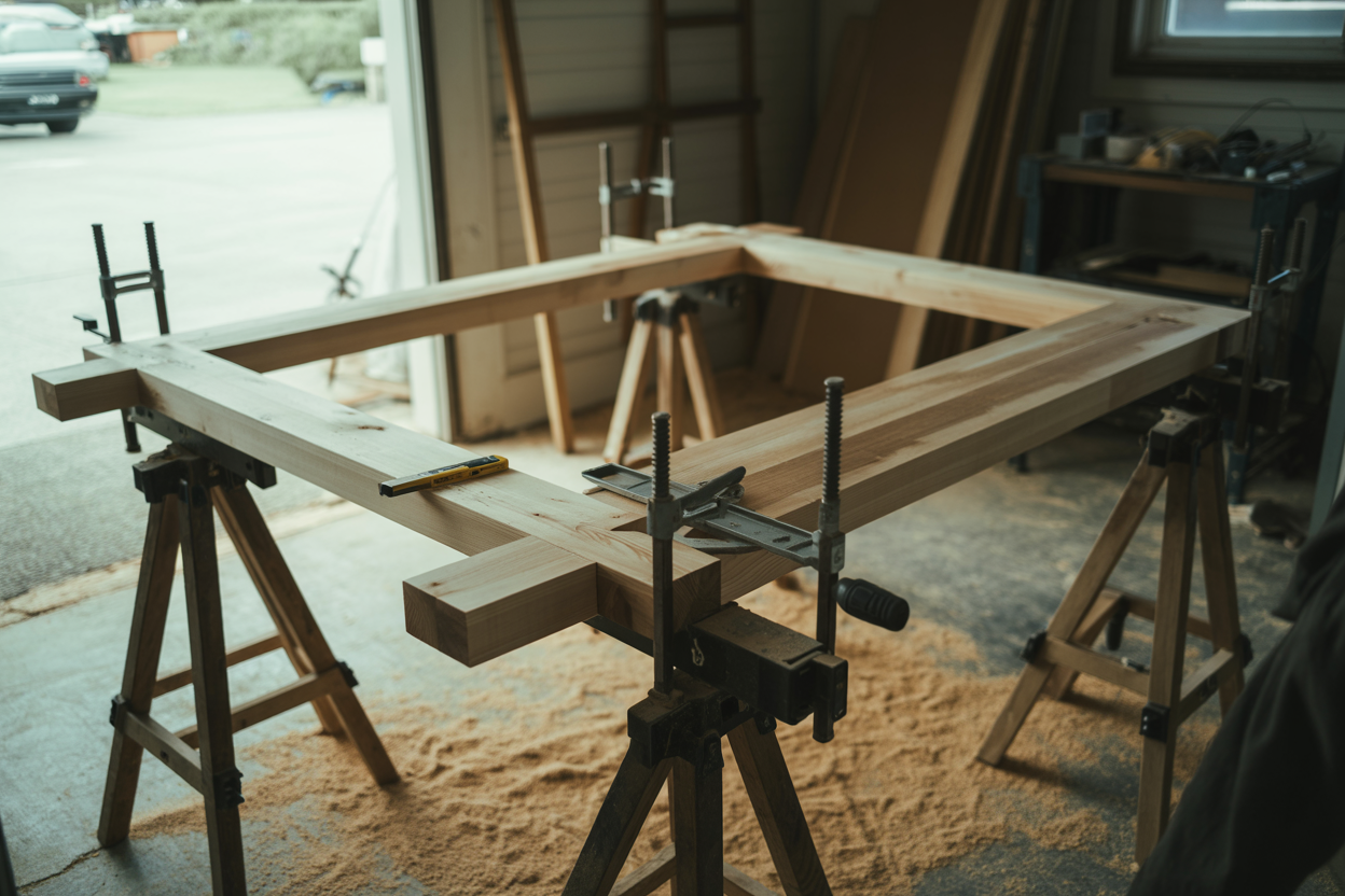 A freshly assembled cedar gate frame clamped flat on sawhorses in a garage