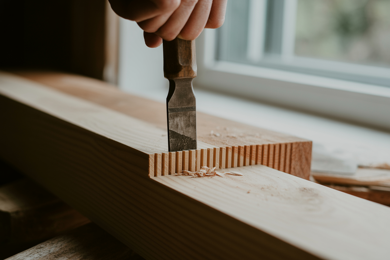 Close-up of a half-lap joint being cleaned out with a wood chisel