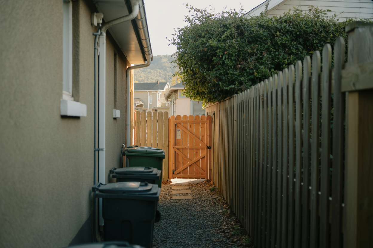A narrow residential side yard passage between a house wall and a wooden fence