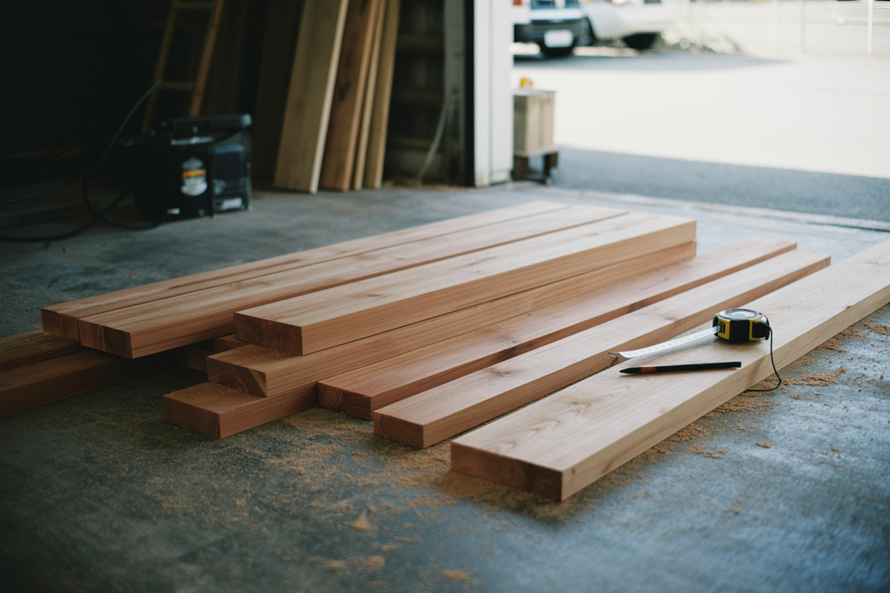 Cedar 2x4 and 1x6 boards cut to length and laid out in order on a concrete garage floor
