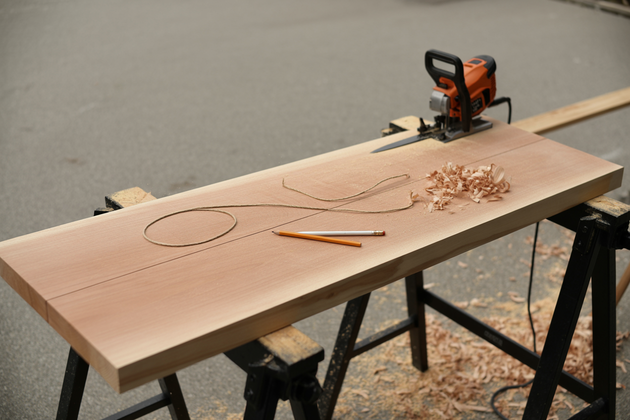 A wide cedar 2x10 board on sawhorses with a smooth pencil arc drawn across it