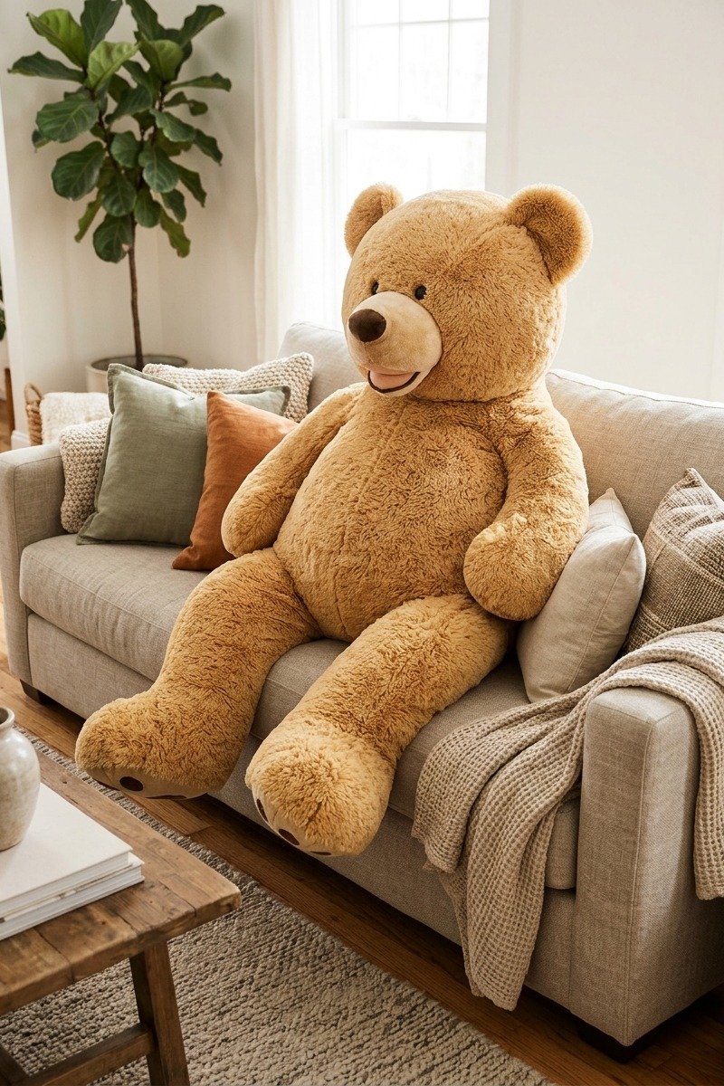 Five foot teddy bear on a sofa