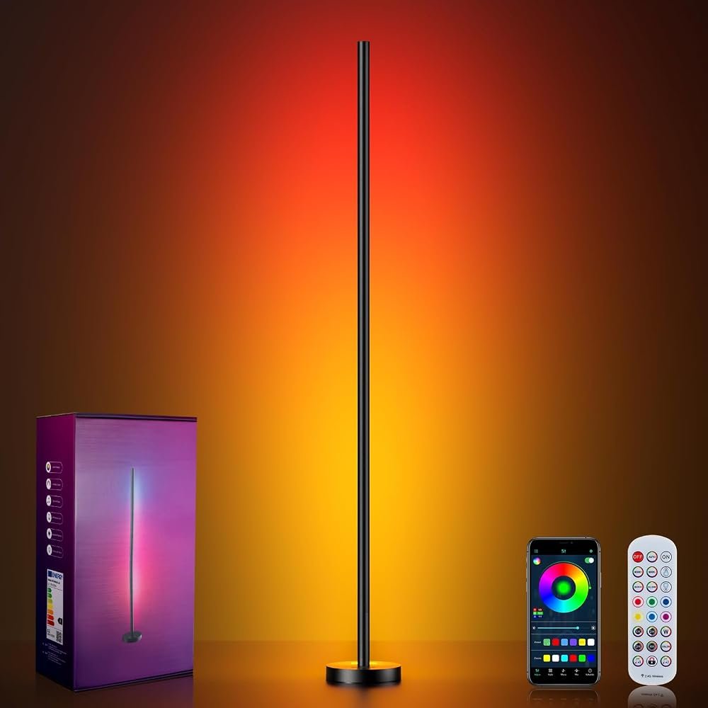 RGB LED corner floor lamp in a gaming bedroom