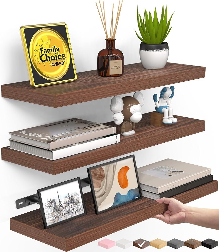 walnut floating shelves for a boys room
