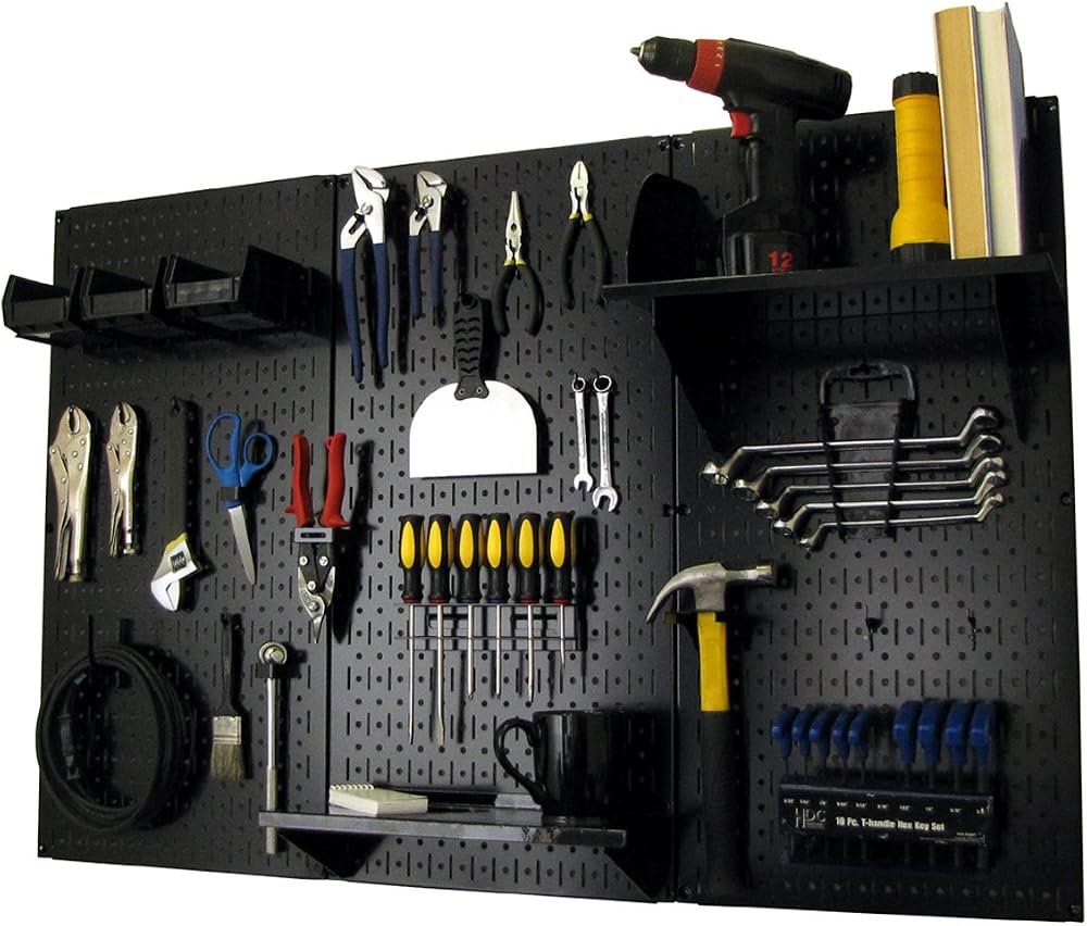 metal pegboard organizer over a gaming desk