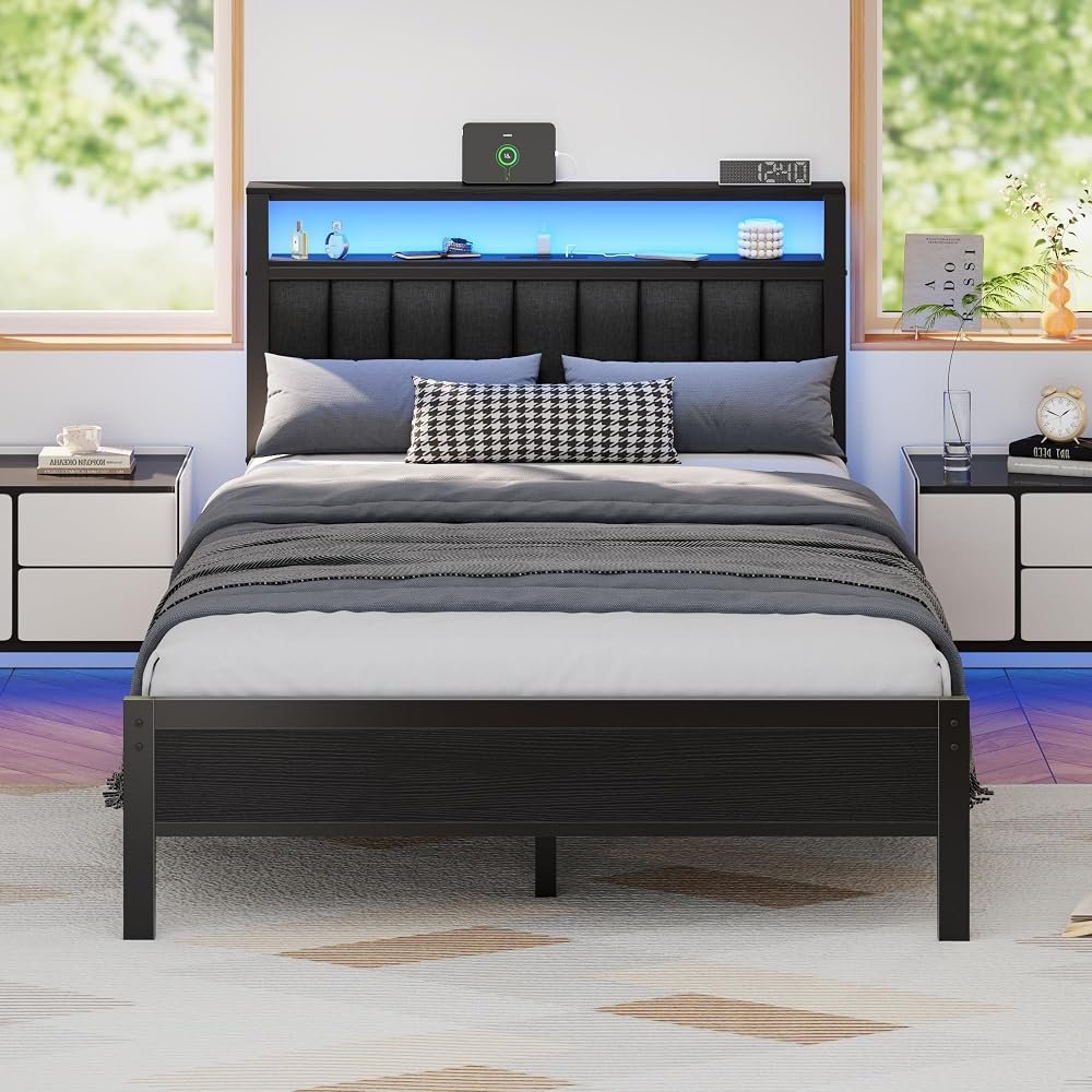full size bed frame with LED lights and charging station