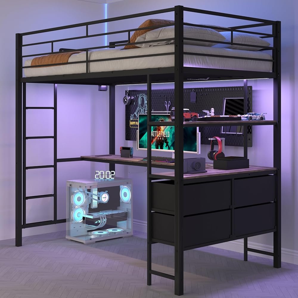 twin metal loft bed with L-shaped desk