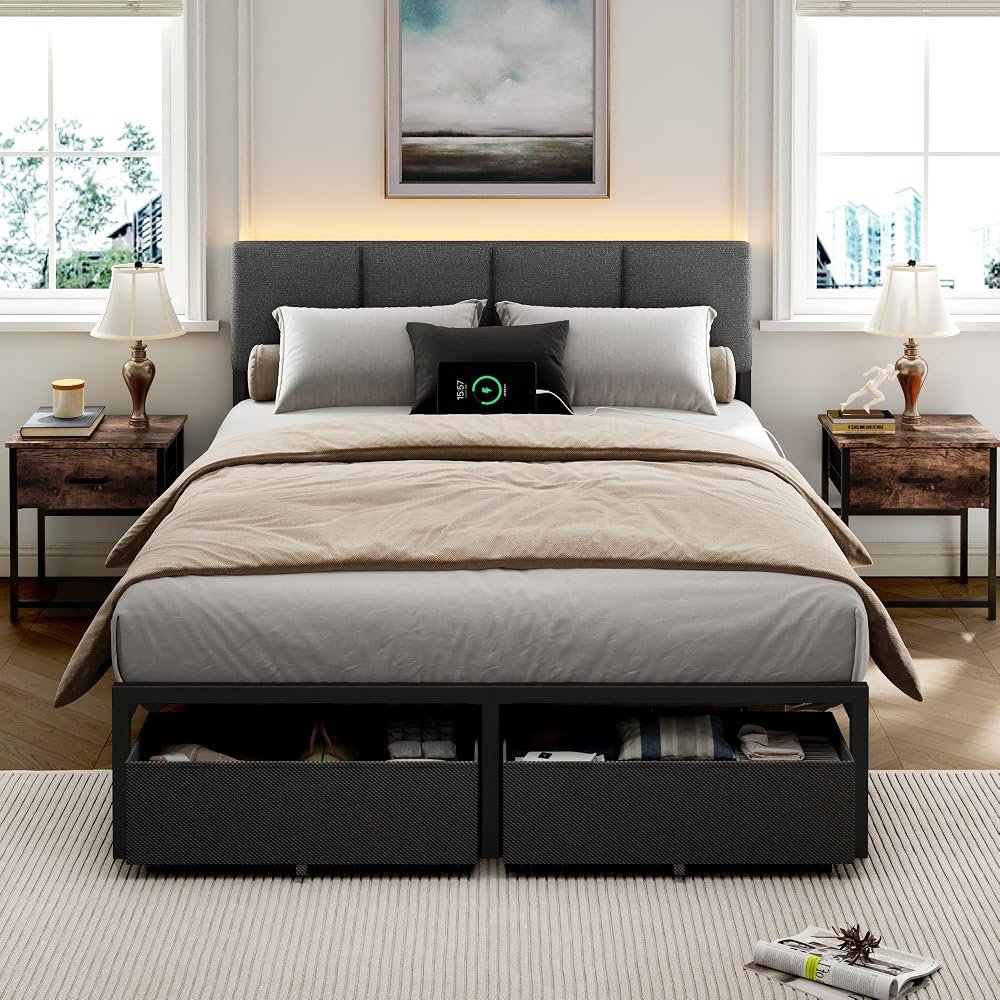full size bed frame with upholstered headboard and storage drawers