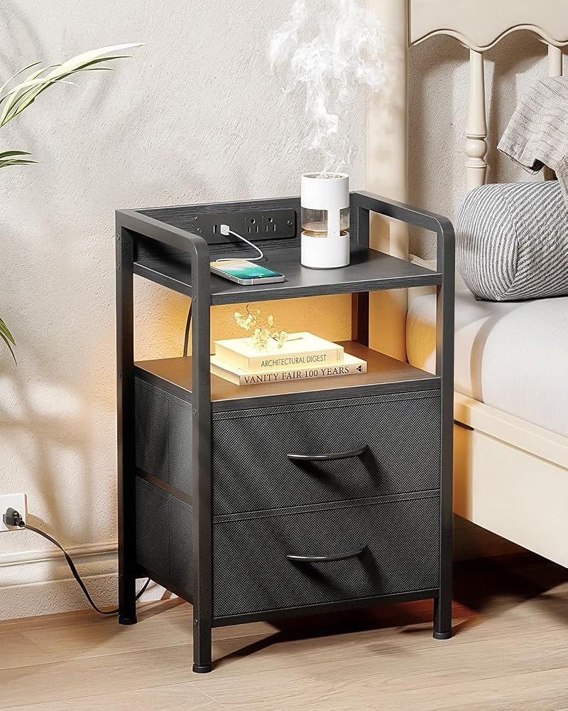 black nightstand with charging station and LED light
