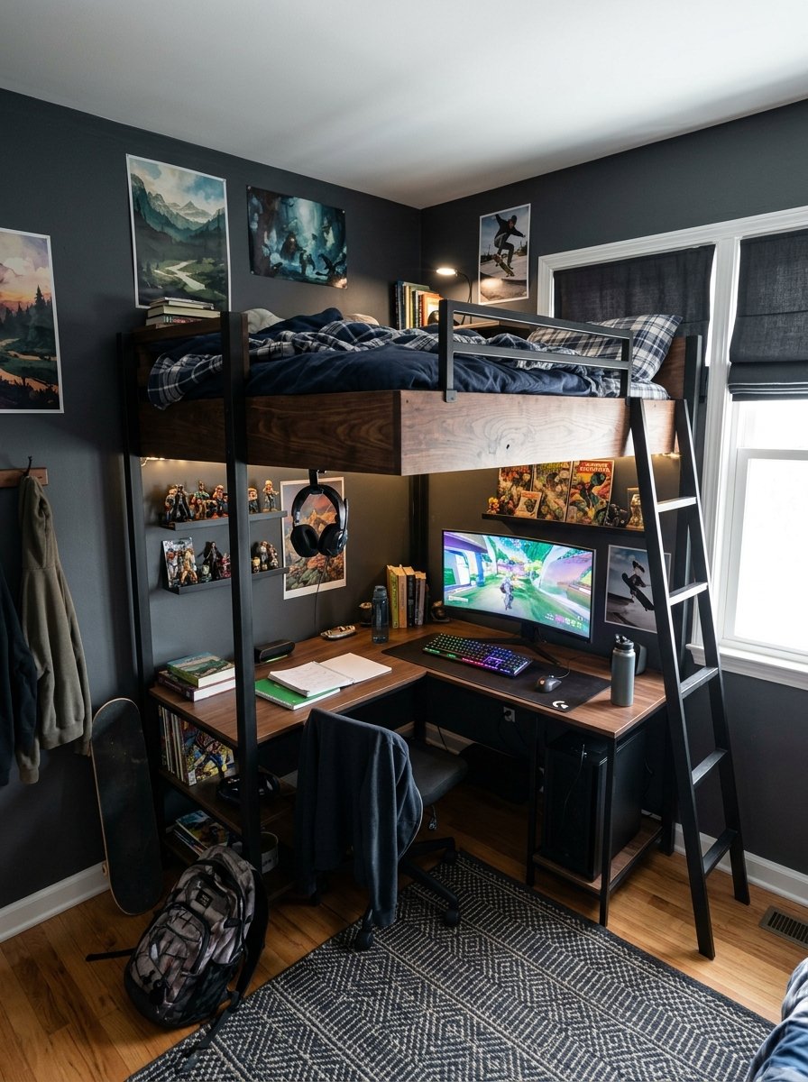 L-shaped loft bed with a corner desk workstation in a small teen boy bedroom