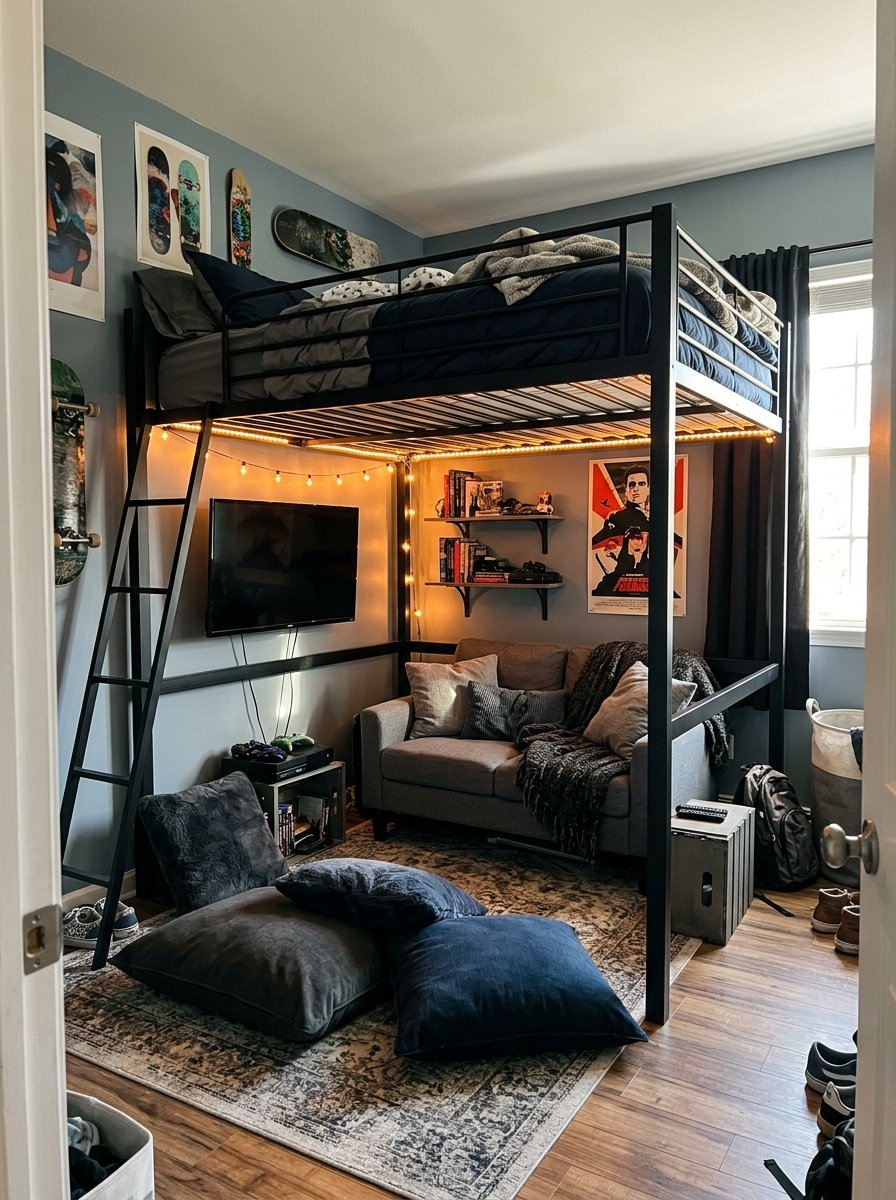 Loft bed with a lounge nook and loveseat underneath in a teen boy bedroom