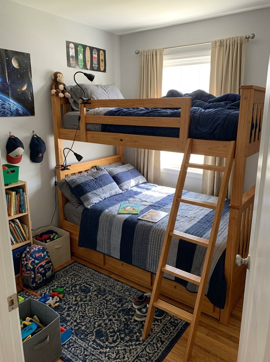 Twin-over-full bunk bed in a shared brothers bedroom