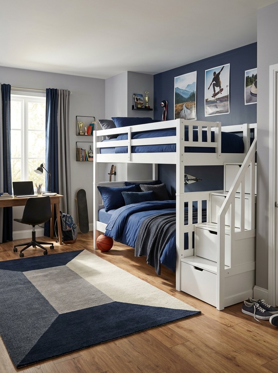 Staircase bunk bed with storage drawers in each step