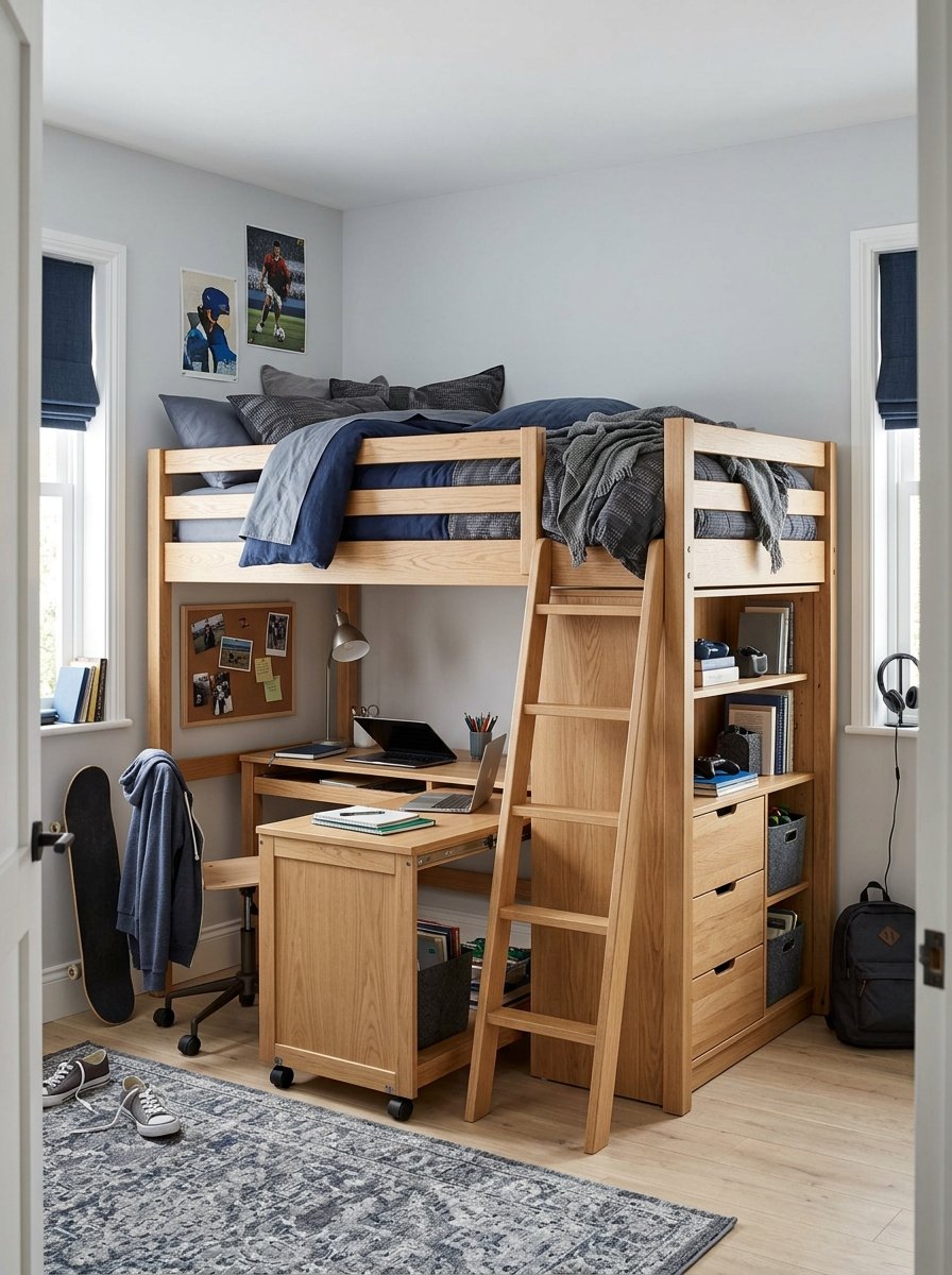Low loft bed with a pull-out desk and drawers in a small bedroom
