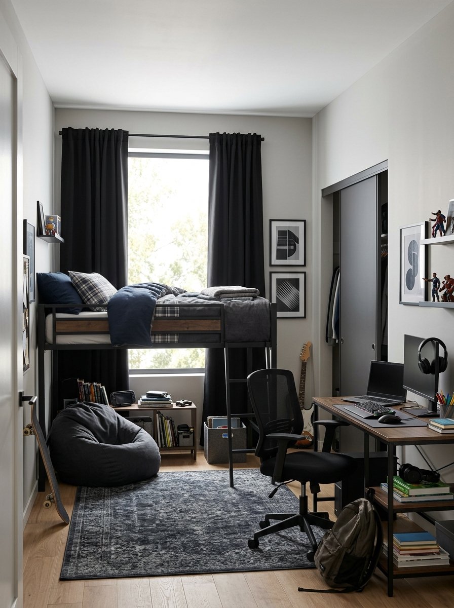 Loft bed along the window wall with blackout curtains