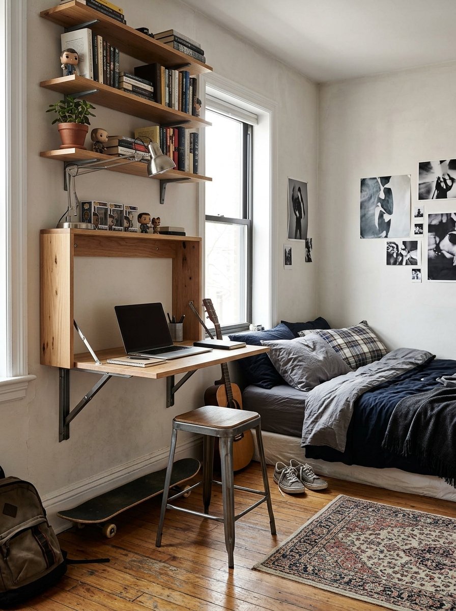 Wall-mounted fold-down desk with floating shelves in a small teen bedroom