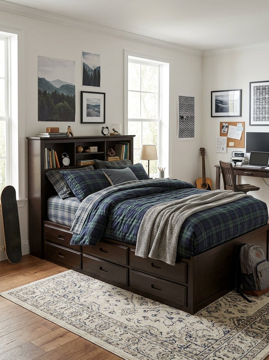 Captain's bed with storage drawers and a bookcase headboard