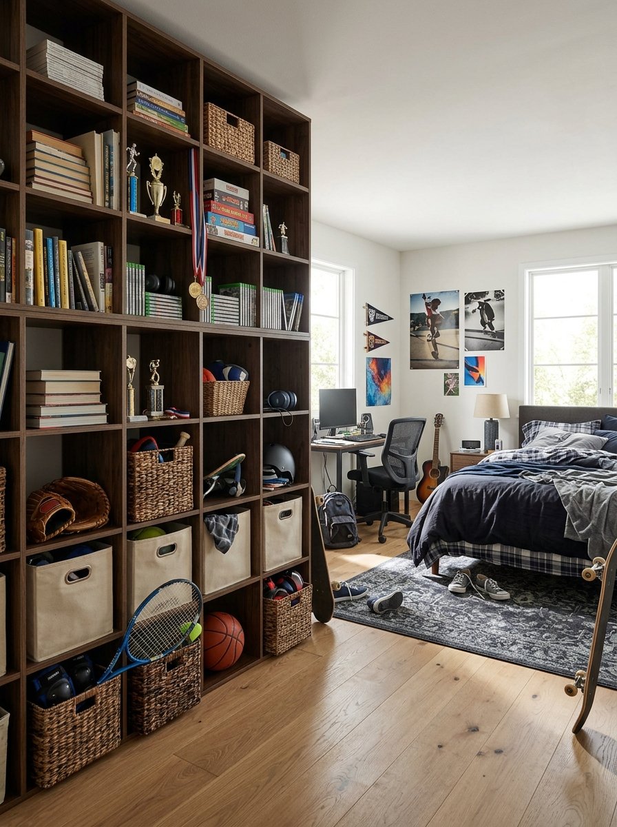 Floor-to-ceiling cube storage wall in a teen boy bedroom