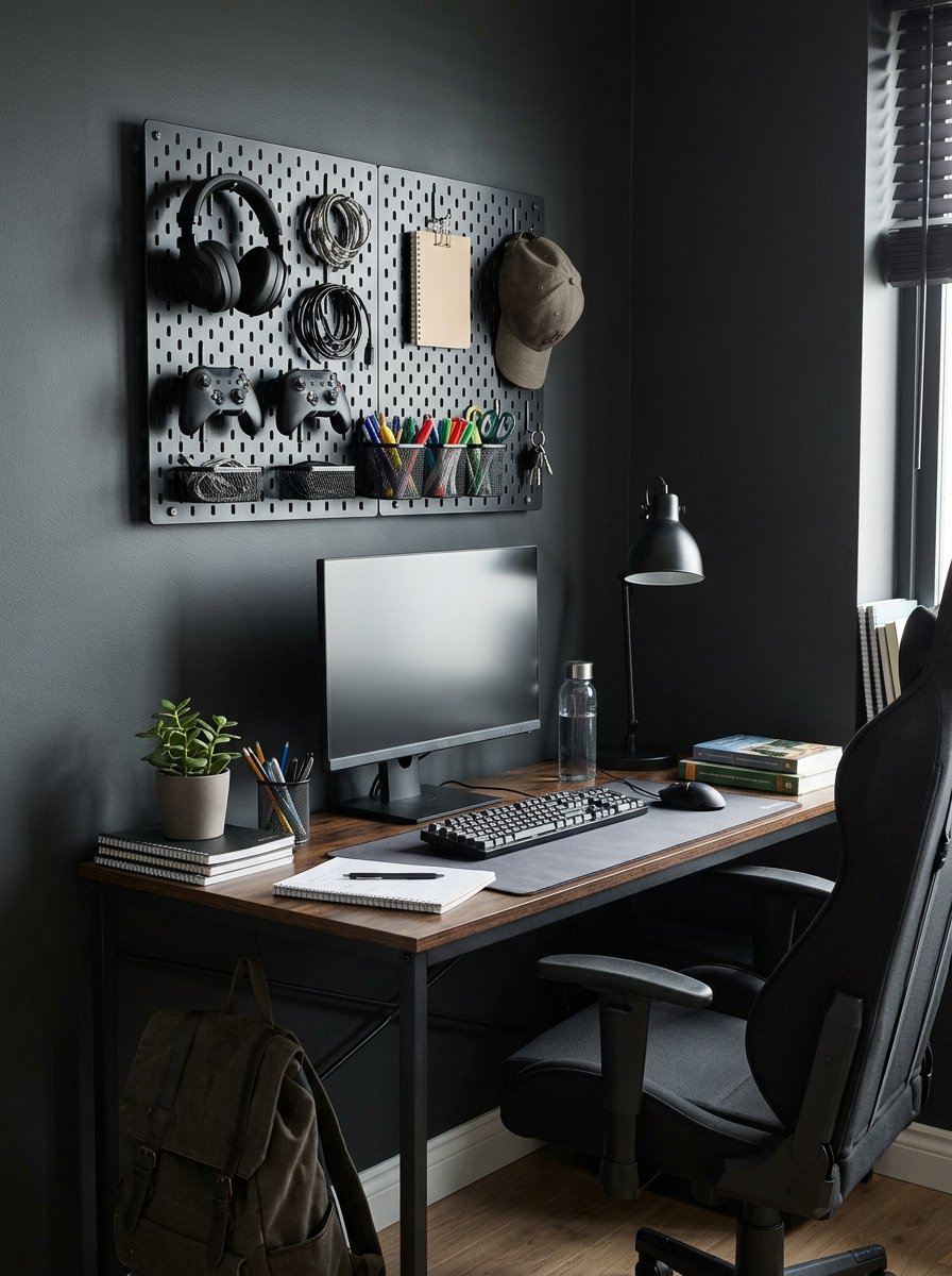 Pegboard organizer over a teen boy desk