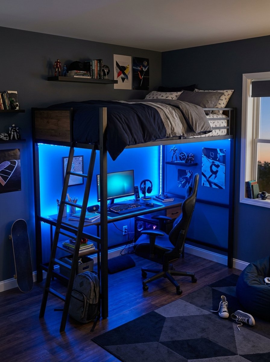 Loft bed with LED strip lights under the frame lighting the desk