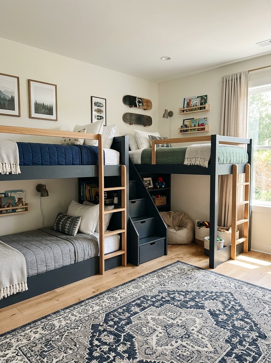 L-shaped corner triple bunk bed for three boys