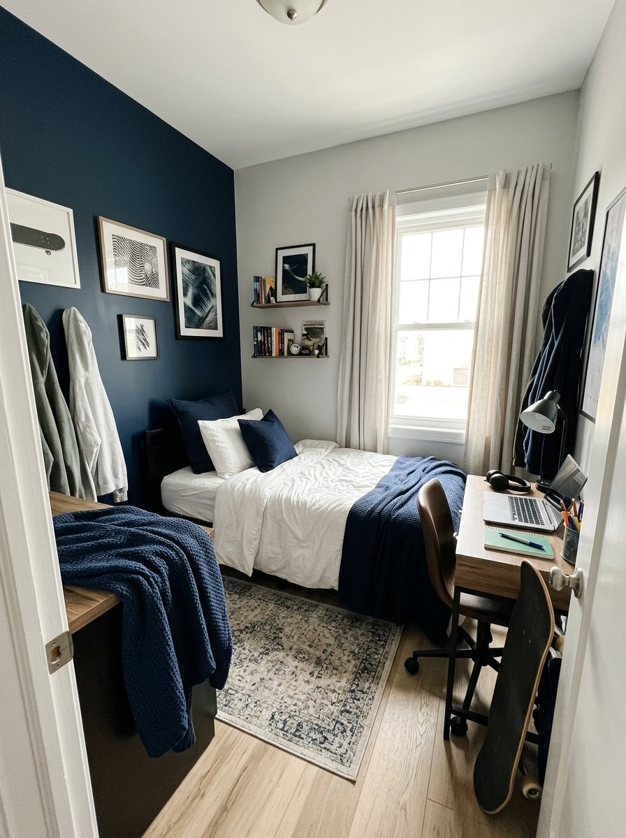 Navy accent wall behind the bed in a small teen boy bedroom