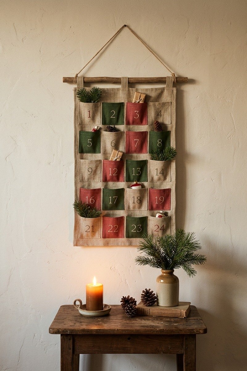 Fabric advent calendar hanging on a wall