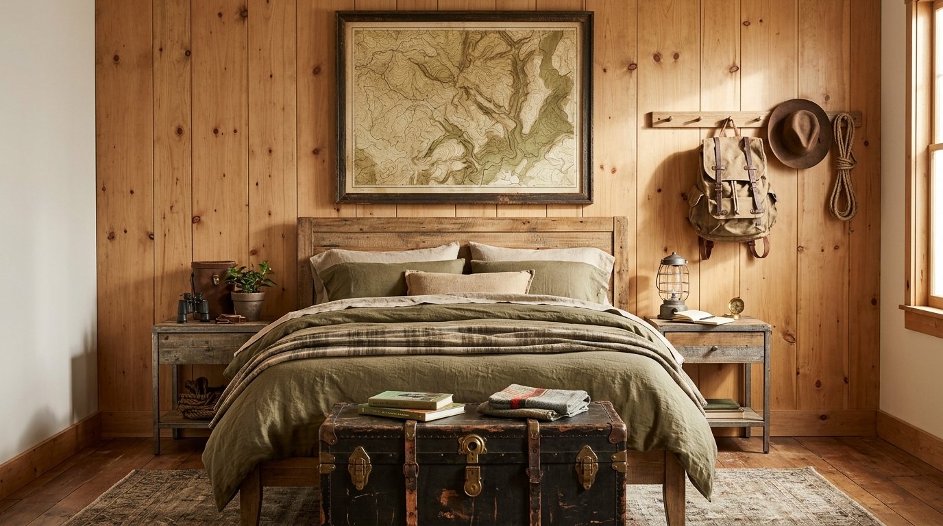 Adventure-themed older boys bedroom with vintage map, wooden bed and canvas accents