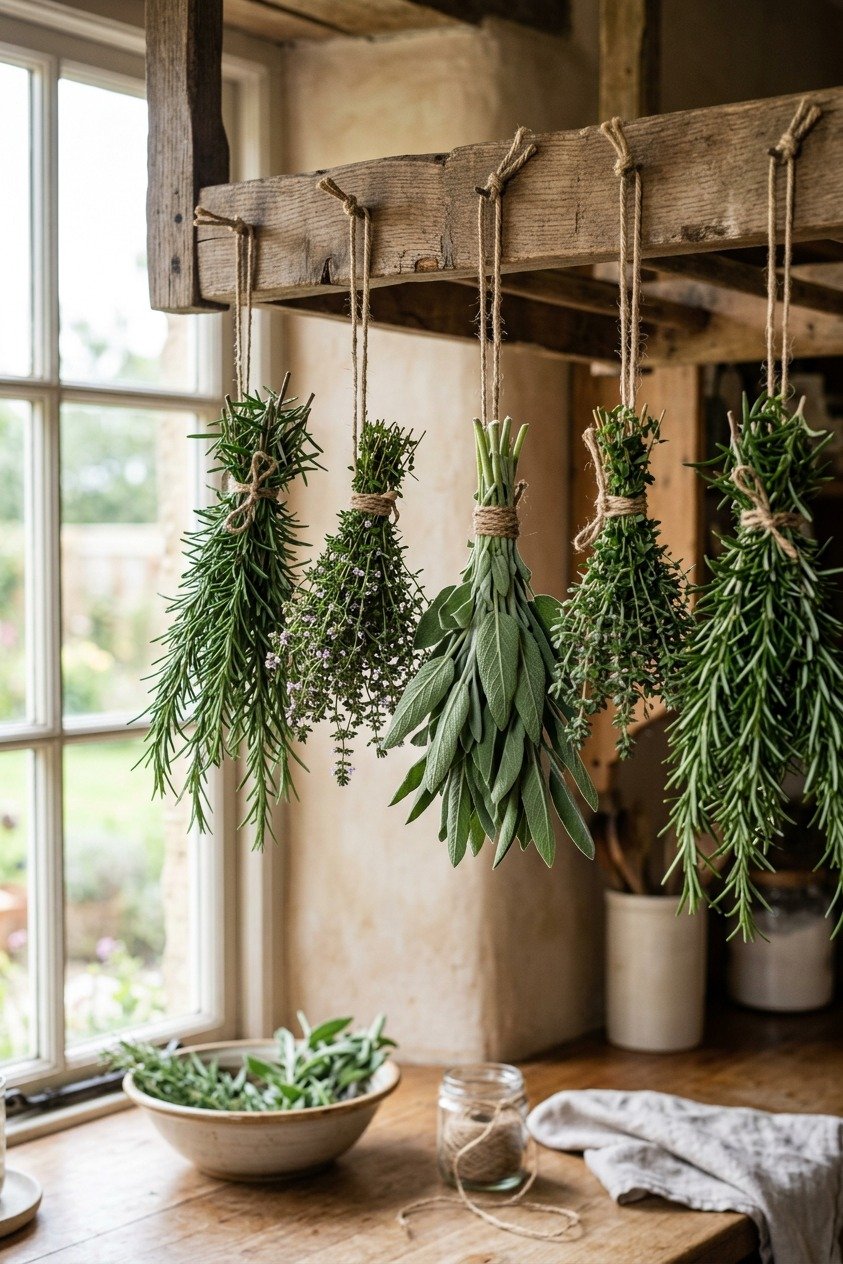 Herb bundles hanging to dry