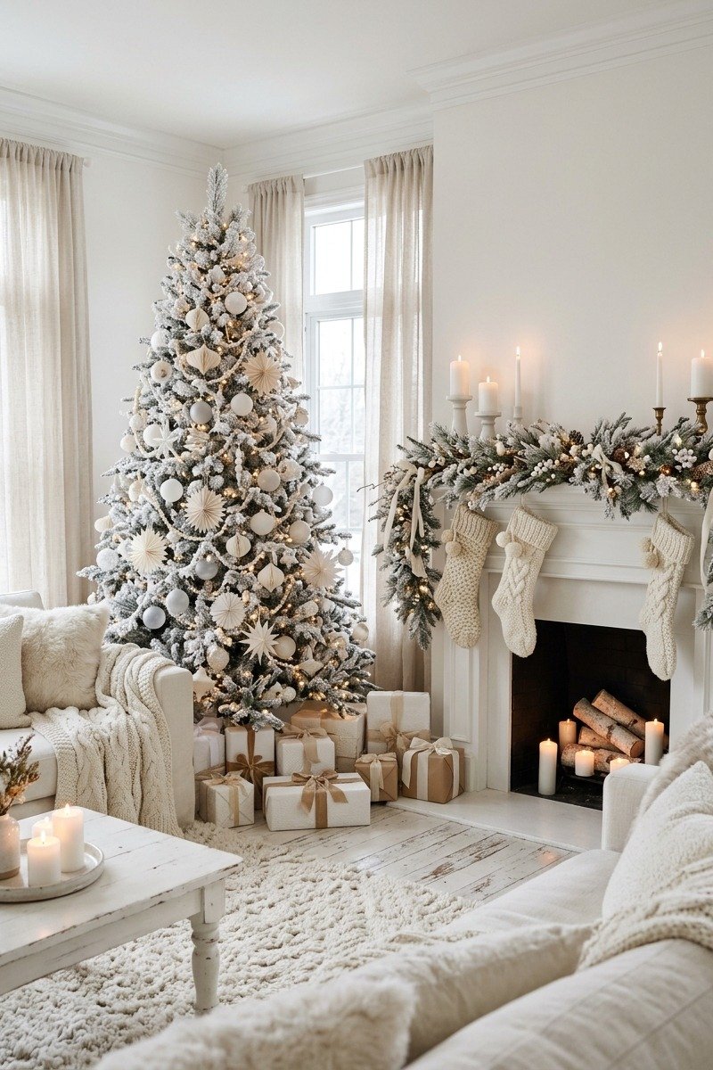 All white Christmas living room
