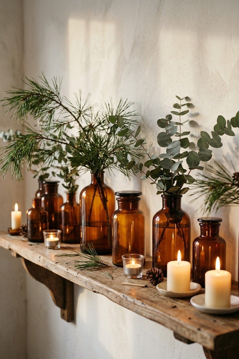 Amber glass bottles with greenery